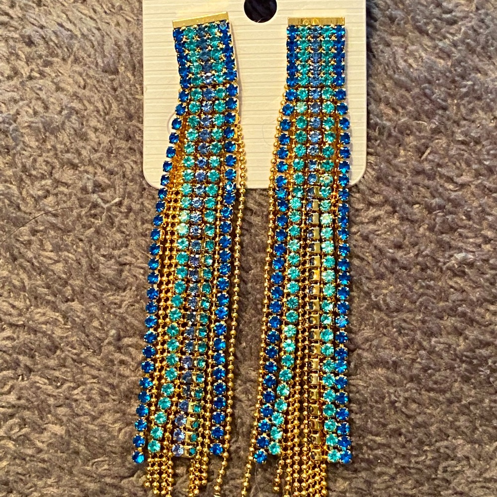 Teal, Royal, Gold fringe earrings
